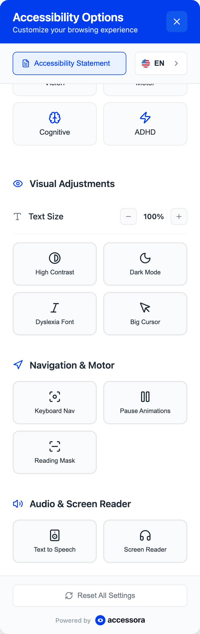 Widget feature grid showing Dyslexia Font, Big Cursor, Pause Animations, Screen Reader options