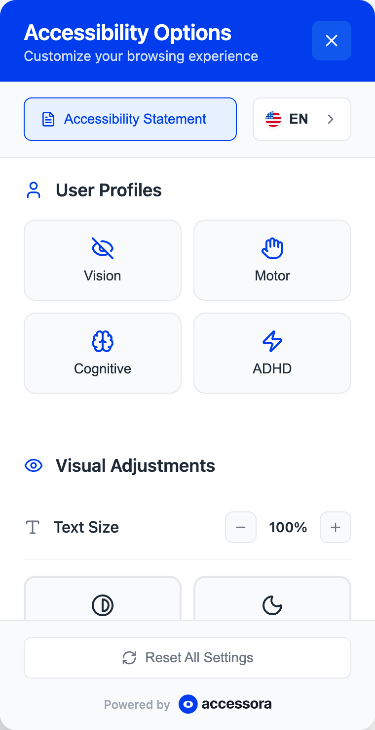 Accessora accessibility widget with User Profiles and Visual Adjustment controls